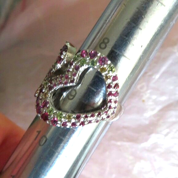 Double Heart Rhodolite Garnet Peridot Gemstone 925 Sterling Silver Ring Size 9 - Picture 8 of 15